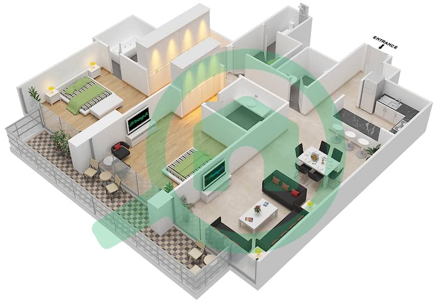 LIV公寓 - 2 卧室公寓单位2 FLOOR 13-21,23-25戶型图 interactive3D
