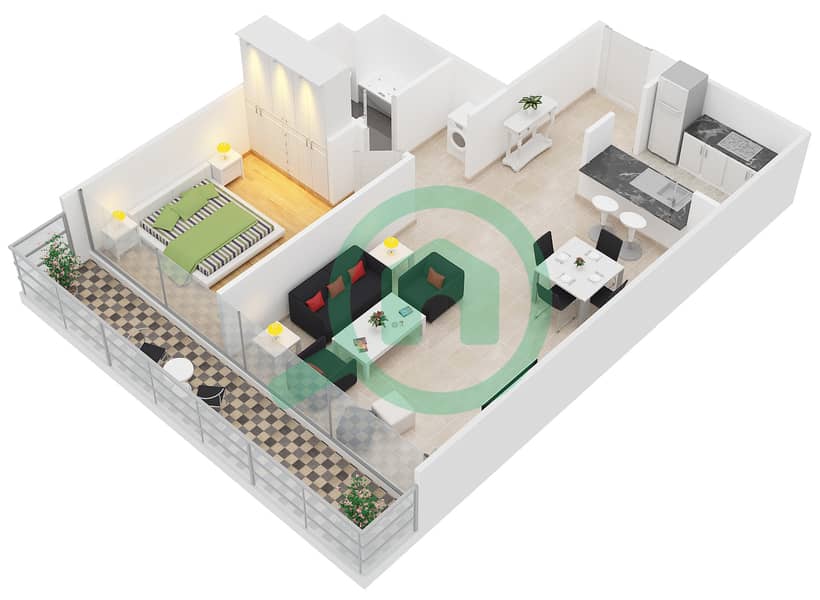 المخططات الطابقية لتصميم الوحدة 3 شقة 1 غرفة نوم - المجرة 2 interactive3D