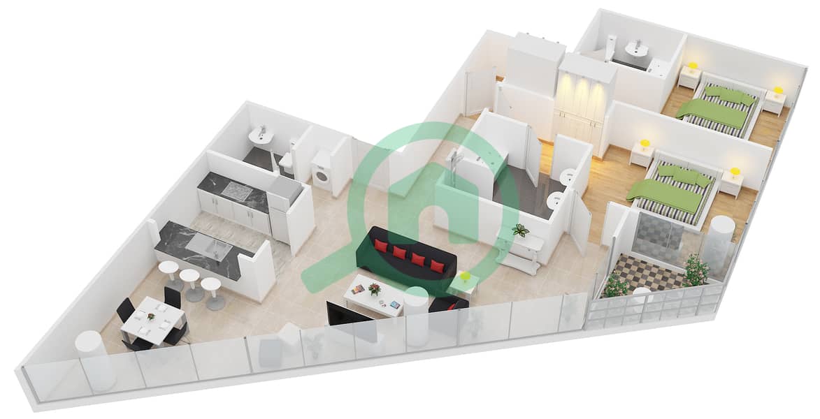 المخططات الطابقية لتصميم الوحدة 1 شقة 2 غرفة نوم - المجرة 2 interactive3D