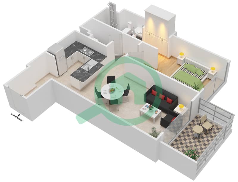 المخططات الطابقية لتصميم النموذج 1A FLOOR-1-25 شقة 1 غرفة نوم - برج استوديو ون interactive3D
