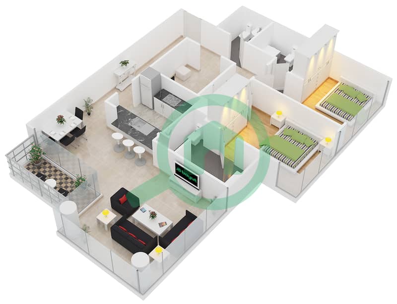 Аль Маджара 2 - Апартамент 2 Cпальни планировка Гарнитур, анфилиада комнат, апартаменты, подходящий 8 interactive3D