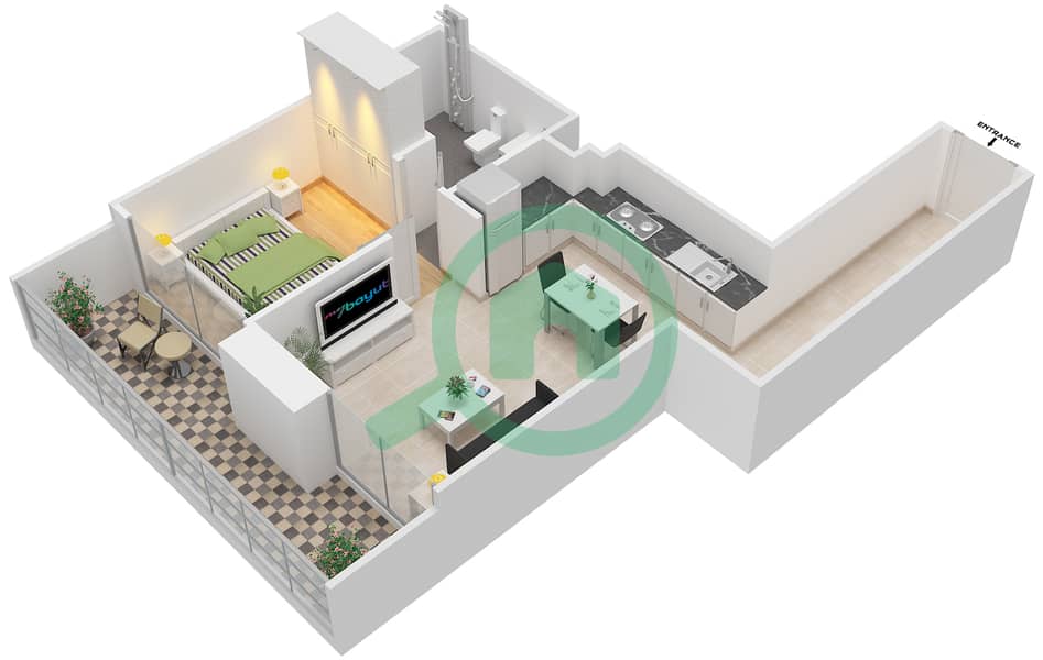 Студио Ван Тауэр - Апартамент 1 Спальня планировка Тип 1B FLOOR-1-16,18-31 interactive3D