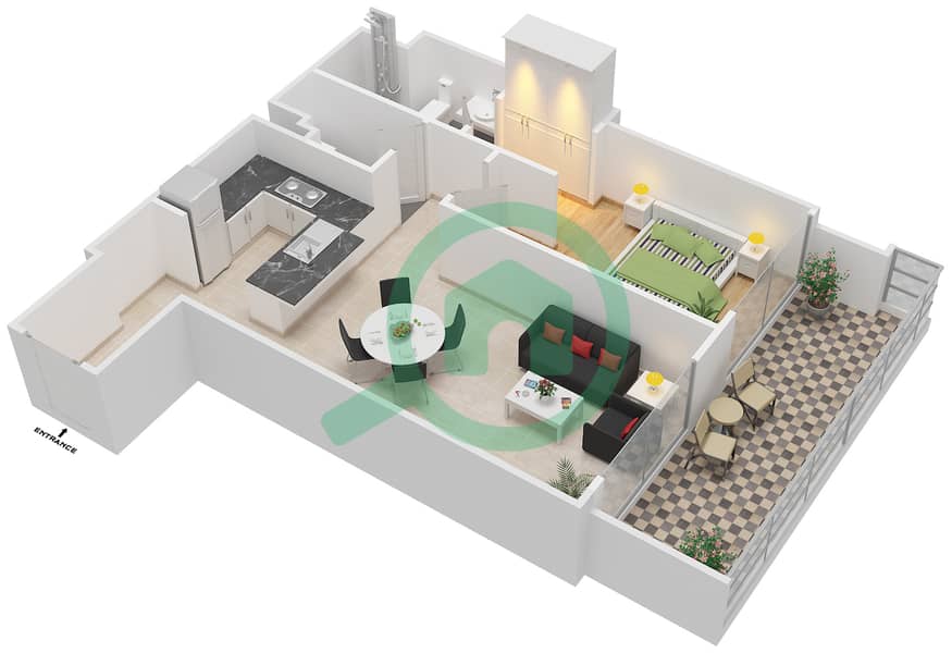المخططات الطابقية لتصميم النموذج 1A-A FLOOR-1 شقة 1 غرفة نوم - برج استوديو ون interactive3D