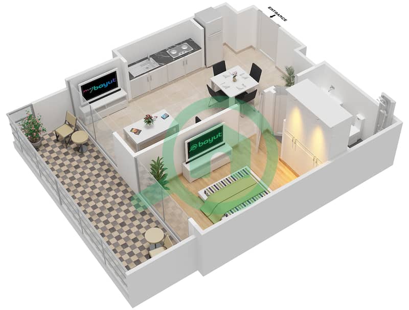 المخططات الطابقية لتصميم النموذج 1C FLOOR-1 شقة 1 غرفة نوم - برج استوديو ون interactive3D