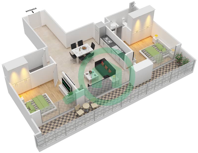 المخططات الطابقية لتصميم النموذج 2A FLOOR-10,20 شقة 2 غرفة نوم - برج استوديو ون interactive3D