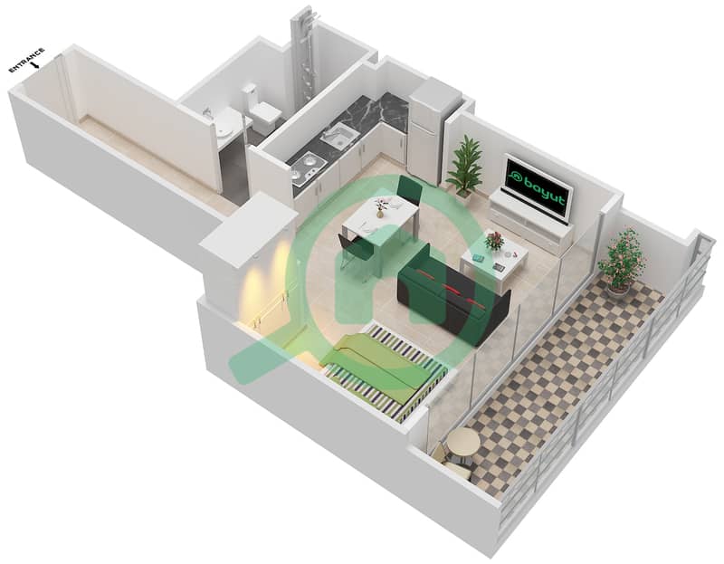 Студио Ван Тауэр - Апартамент Студия планировка Тип SB FLOOR-1-16,18-31 interactive3D