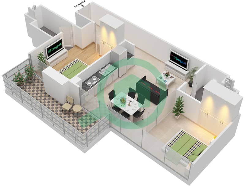 المخططات الطابقية لتصميم النموذج 2B FLOOR-2-16,18-31 شقة 2 غرفة نوم - برج استوديو ون interactive3D