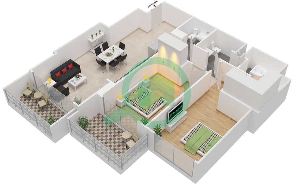 Студио Ван Тауэр - Апартамент 2 Cпальни планировка Тип 2C FLOOR-26-31 interactive3D
