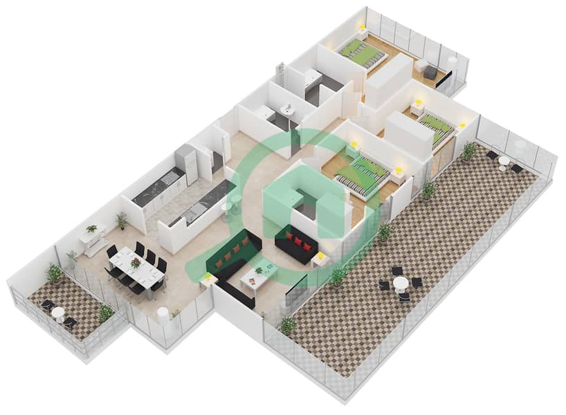 Al Majara 1 - 3 Bedroom Apartment Unit 8 Floor plan interactive3D