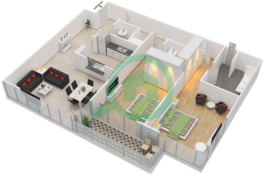 المخططات الطابقية لتصميم التصميم 5 FLOOR 3 شقة 2 غرفة نوم - مارينا كواي إيست interactive3D