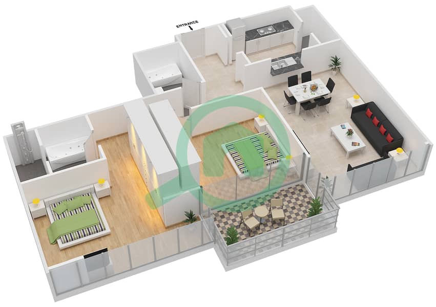 المخططات الطابقية لتصميم التصميم 7 FLOOR 3 شقة 2 غرفة نوم - مارينا كواي إيست interactive3D