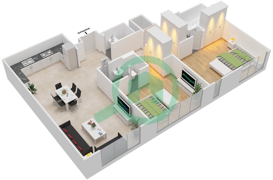 9号公寓 - 2 卧室公寓单位2305 FLOOR 23戶型图 interactive3D