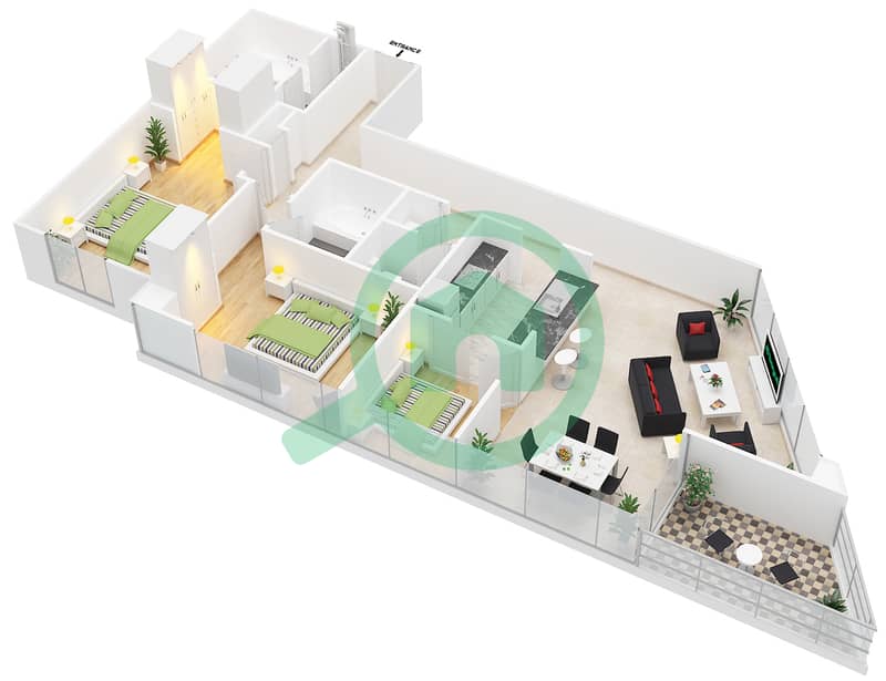 المخططات الطابقية لتصميم الوحدة 2 GROUND FLOOR شقة 3 غرف نوم - المجرة 5 interactive3D