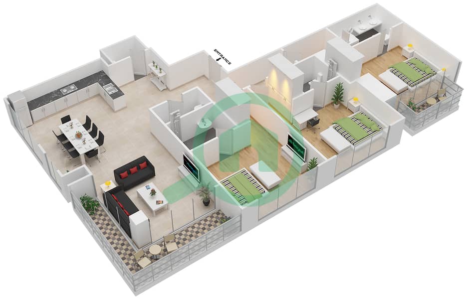 المخططات الطابقية لتصميم الوحدة 2202 FLOOR 22 شقة 3 غرف نوم - رقم (٩) interactive3D