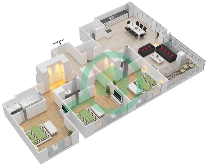 9号公寓 - 3 卧室公寓单位2601 FLOOR 26戶型图 interactive3D