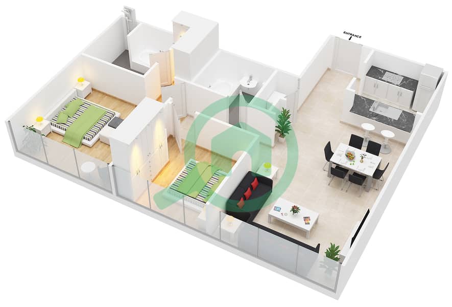 المخططات الطابقية لتصميم الوحدة 3 GROUND FLOOR شقة 2 غرفة نوم - المجرة 5 interactive3D