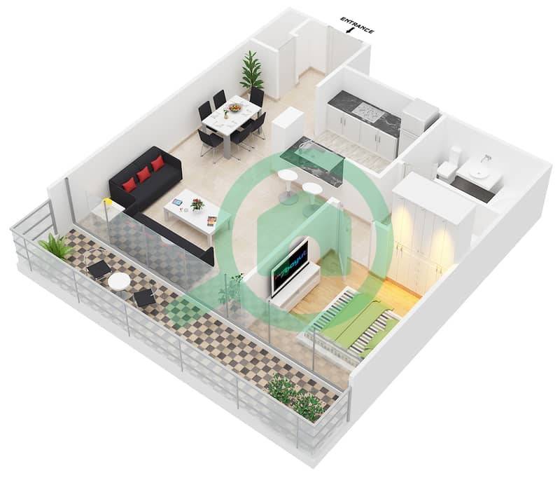 المخططات الطابقية لتصميم الوحدة 4 FLOOR 1 شقة 1 غرفة نوم - المجرة 5 interactive3D