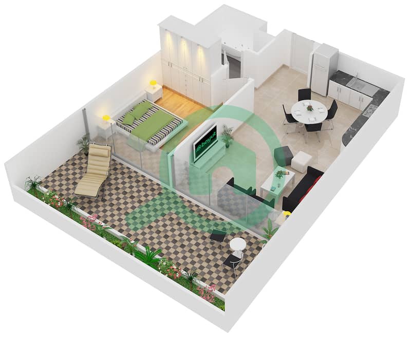 波澜大厦A座 - 1 卧室公寓类型1-A戶型图 interactive3D
