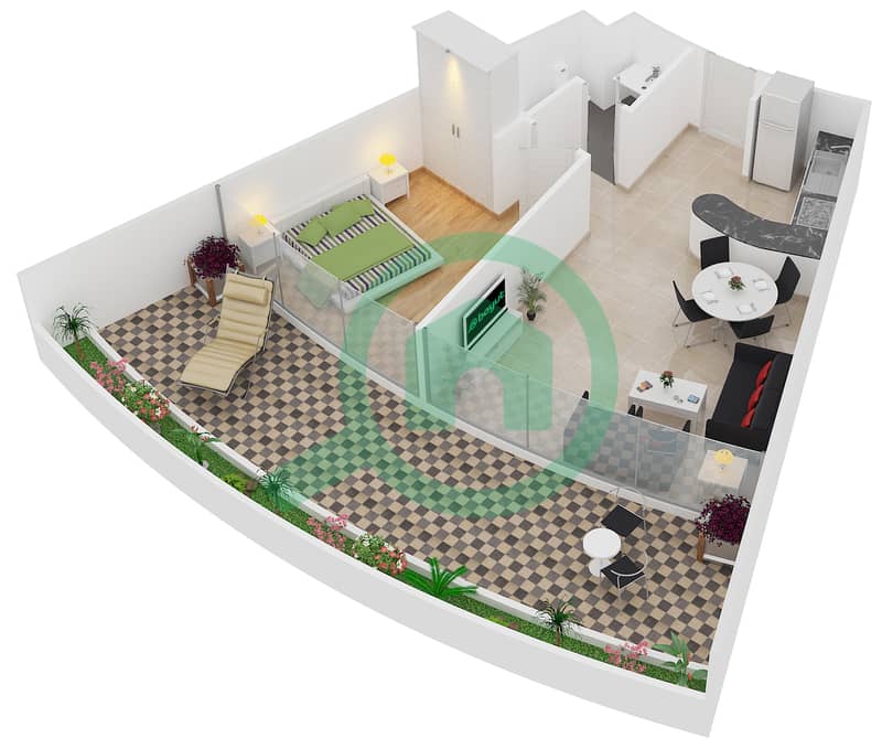 波澜大厦A座 - 1 卧室公寓类型1-C戶型图 interactive3D
