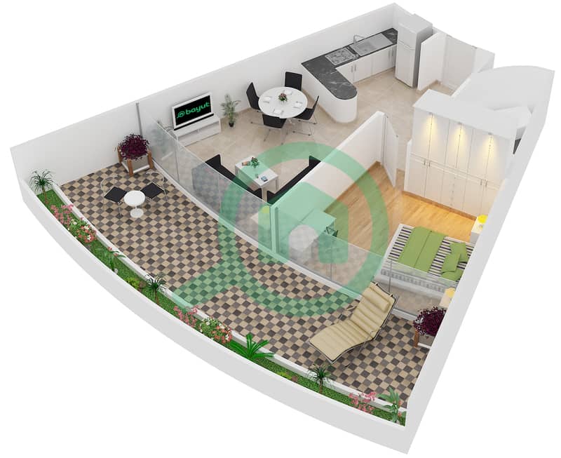 Вэйвс Тауэр А - Апартамент 1 Спальня планировка Тип 1-D interactive3D