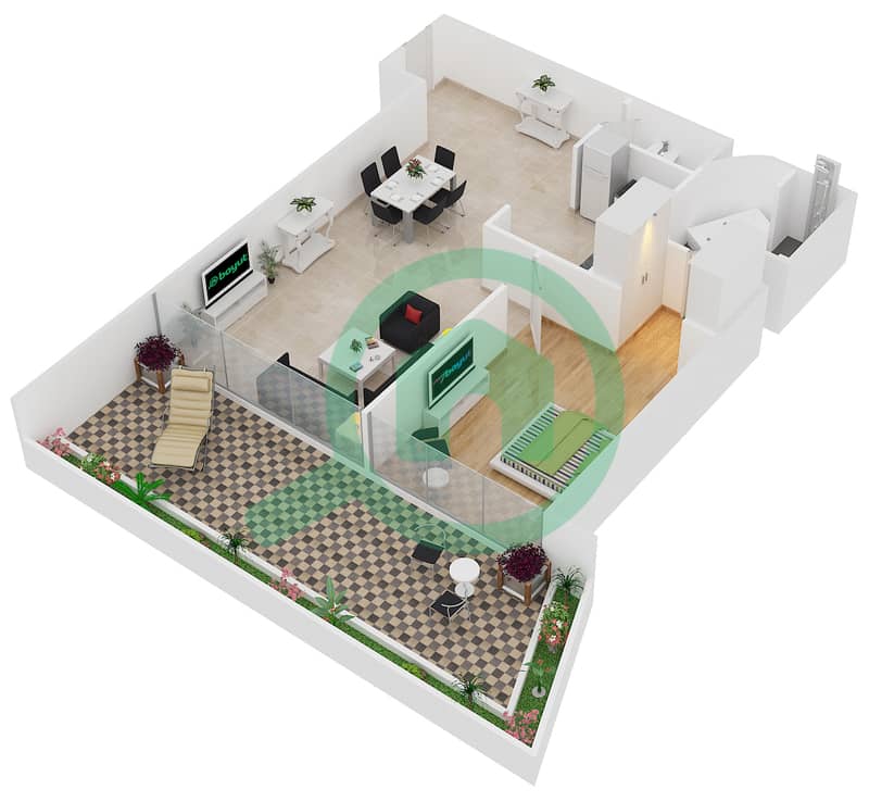 波澜大厦A座 - 1 卧室公寓类型1-E戶型图 interactive3D