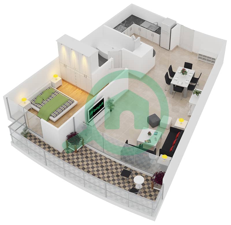 波澜大厦A座 - 1 卧室公寓类型1-G戶型图 interactive3D