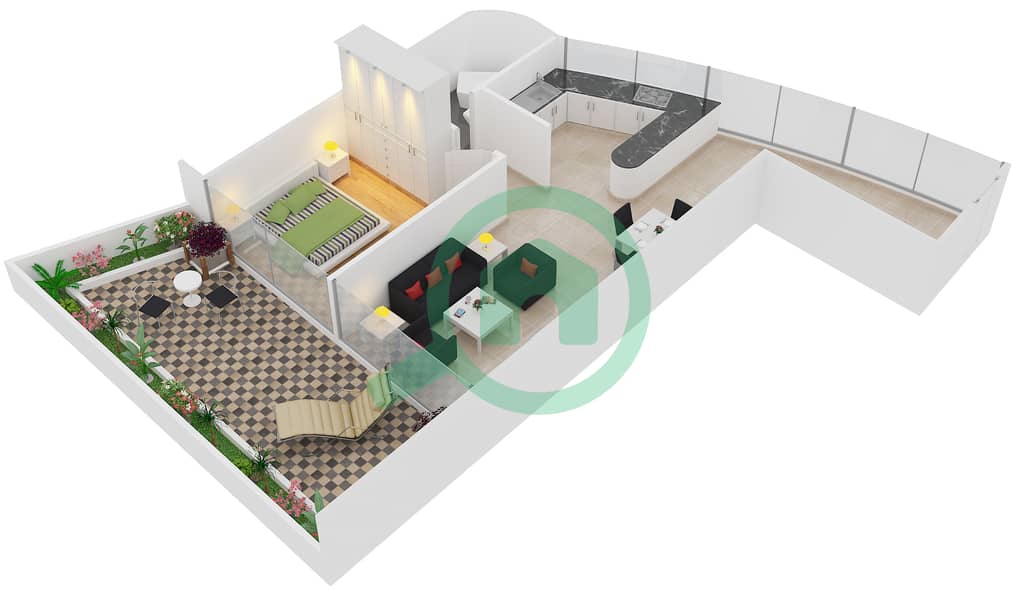 Вэйвс Тауэр А - Апартамент 1 Спальня планировка Тип 1-H interactive3D