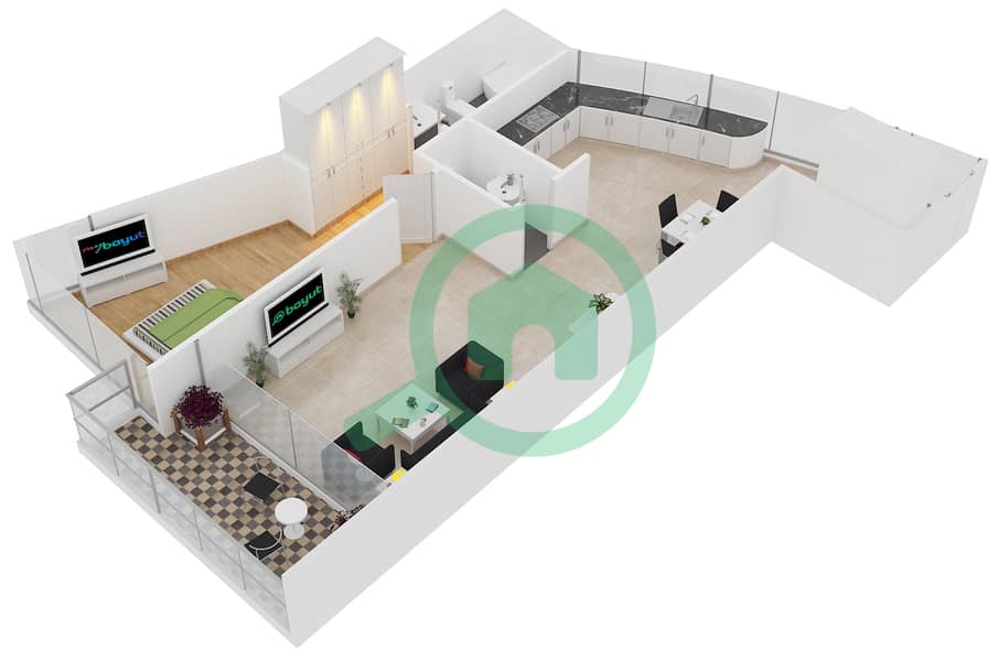 波澜大厦A座 - 1 卧室公寓类型1-J戶型图 interactive3D