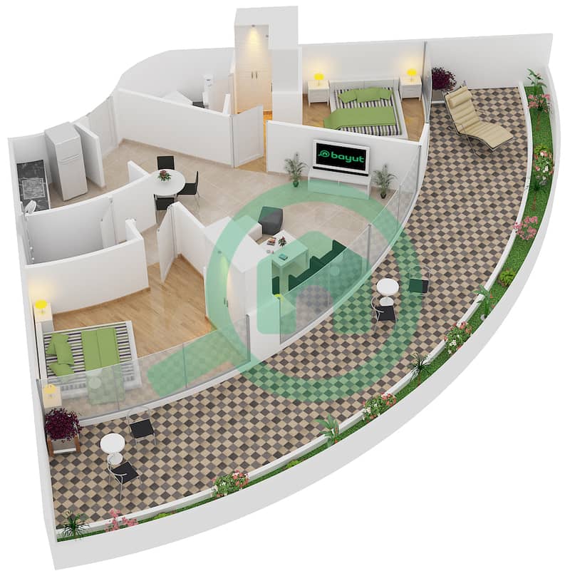المخططات الطابقية لتصميم النموذج 2-A شقة 2 غرفة نوم - ويفز تاور 1 interactive3D
