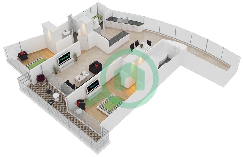 المخططات الطابقية لتصميم النموذج 2-D شقة 2 غرفة نوم - ويفز تاور 1 interactive3D