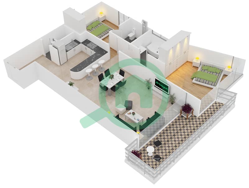 Вэйвс Тауэр А - Апартамент 2 Cпальни планировка Тип 2-E interactive3D