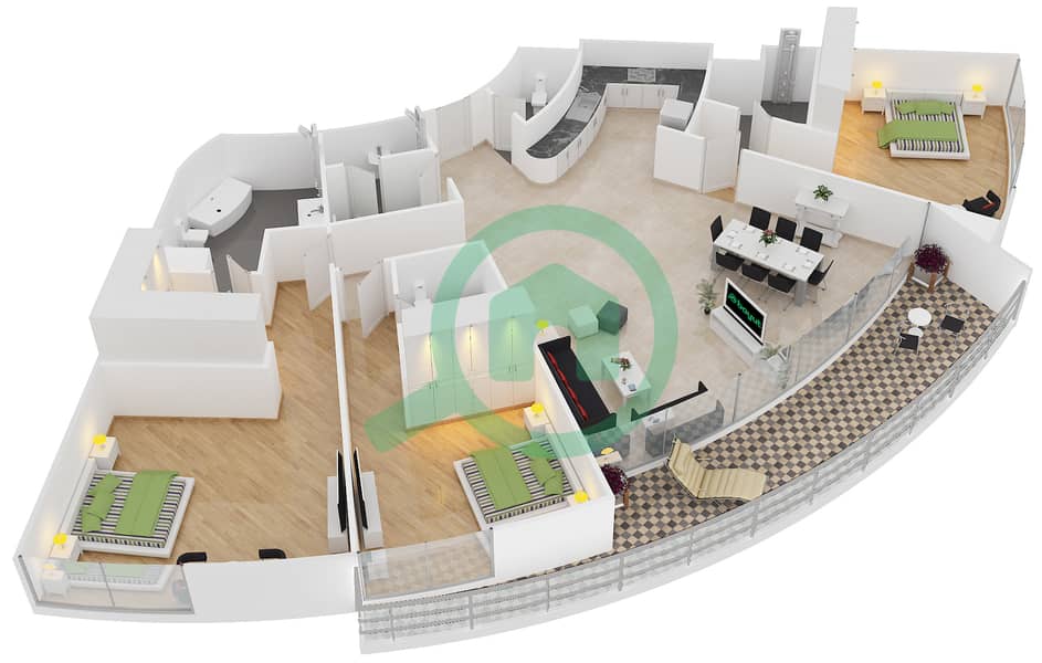 Вэйвс Тауэр А - Апартамент 3 Cпальни планировка Тип 3-C interactive3D