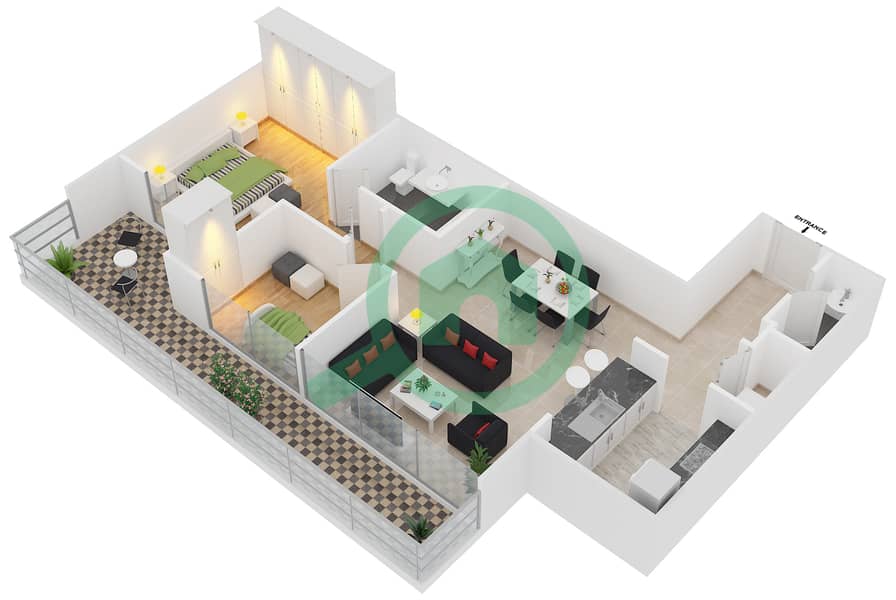 المخططات الطابقية لتصميم الوحدة 6 FLOOR 2-6 شقة 2 غرفة نوم - المجرة 5 interactive3D