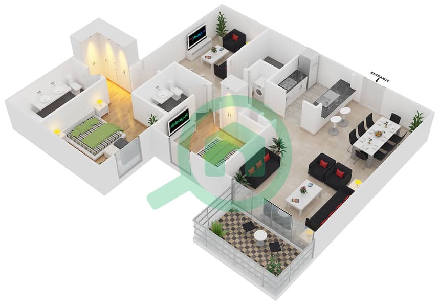 المخططات الطابقية لتصميم الوحدة 6 شقة 2 غرفة نوم - المجرة 5 interactive3D