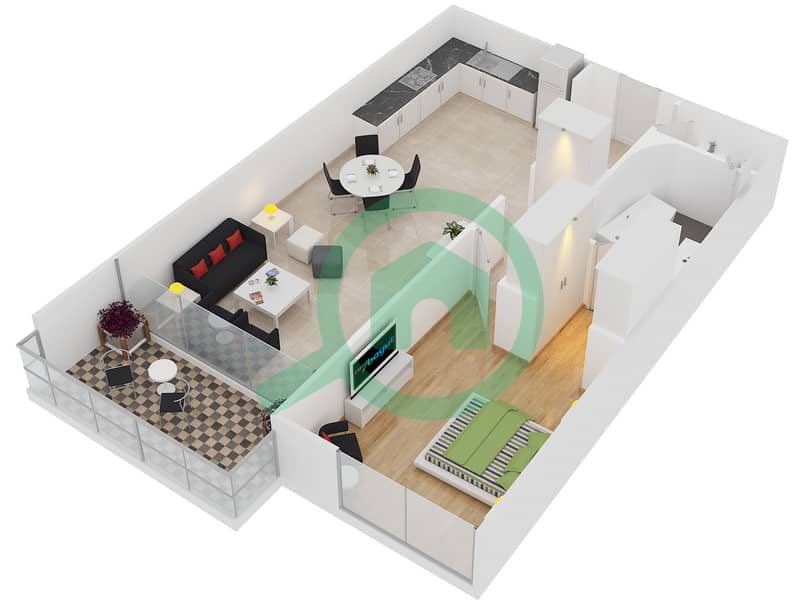 The Waves Tower B - 1 Bedroom Apartment Type 1-F Floor plan interactive3D