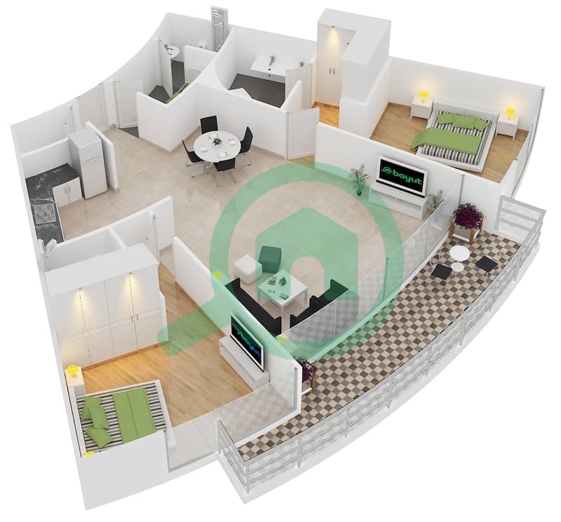 Вэйвс Тауэр B - Апартамент 2 Cпальни планировка Тип 2-B interactive3D