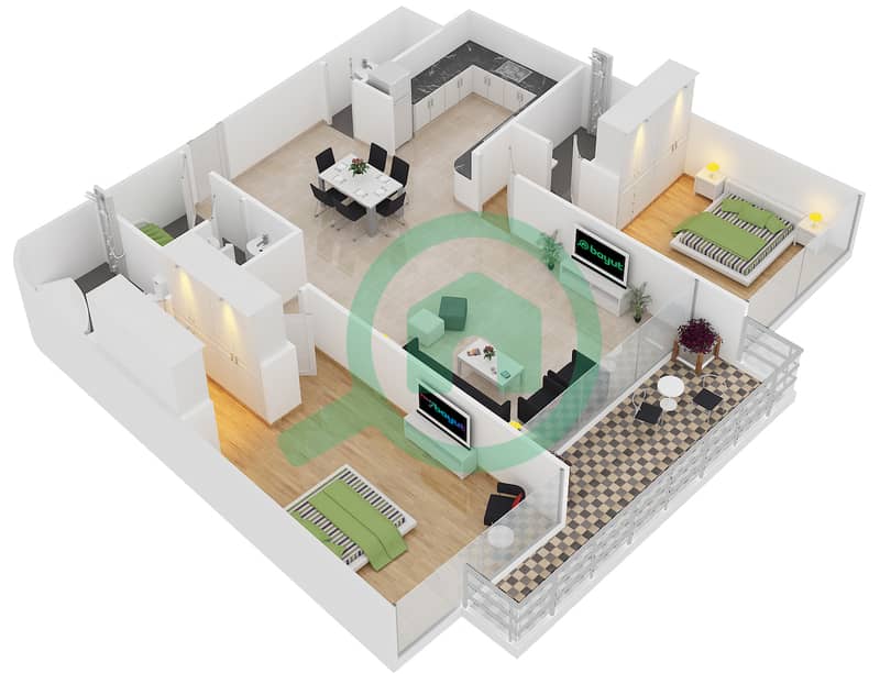 Вэйвс Тауэр B - Апартамент 2 Cпальни планировка Тип 2-C interactive3D