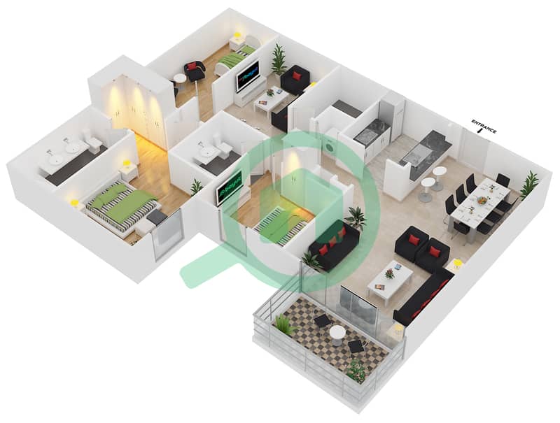 المخططات الطابقية لتصميم الوحدة 9 FLOOR 1 شقة 3 غرف نوم - المجرة 5 interactive3D