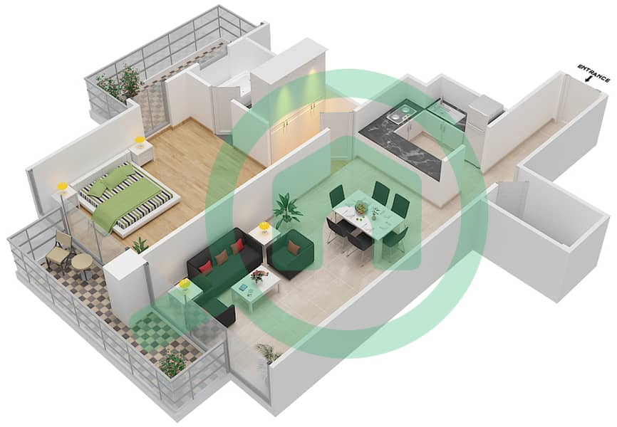 المخططات الطابقية لتصميم الوحدة 3 FLOOR 13-22 شقة 1 غرفة نوم - ليف ريزيدنس interactive3D