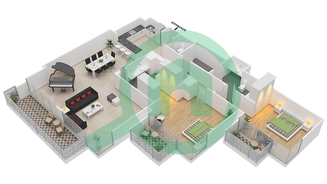 المخططات الطابقية لتصميم الوحدة 1805 FLOOR 18 شقة 2 غرفة نوم - ليف ريزيدنس interactive3D
