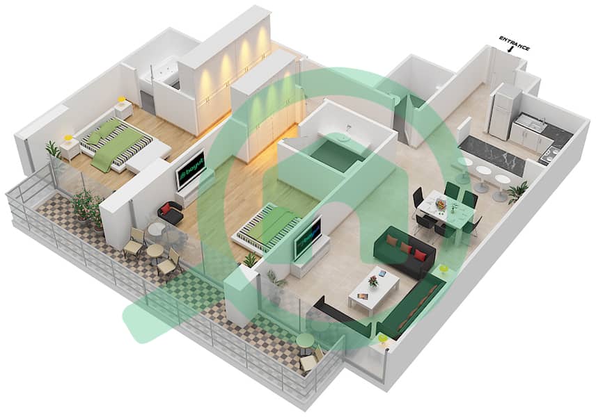 المخططات الطابقية لتصميم الوحدة 2 FLOOR 22 شقة 2 غرفة نوم - ليف ريزيدنس interactive3D