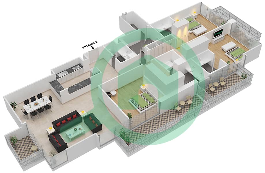 المخططات الطابقية لتصميم الوحدة 3 FLOOR 23,24 شقة 3 غرف نوم - ليف ريزيدنس interactive3D