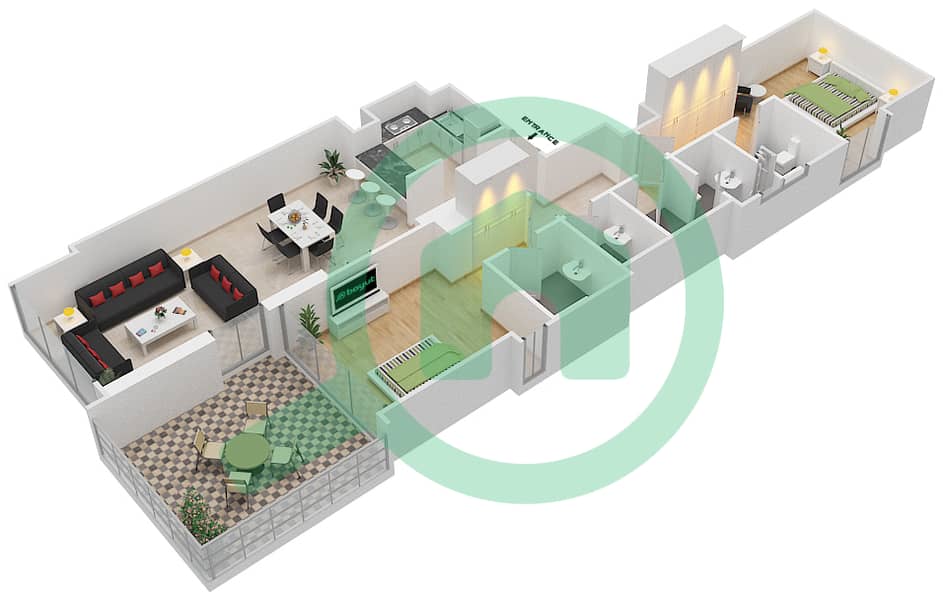 المخططات الطابقية لتصميم الوحدة 1 FLOOR 25 شقة 2 غرفة نوم - ليف ريزيدنس interactive3D