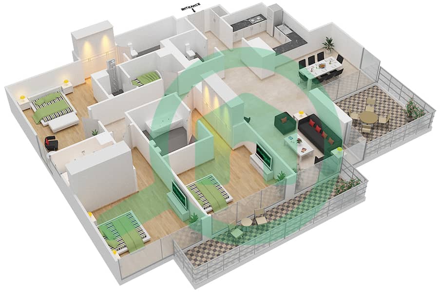 المخططات الطابقية لتصميم الوحدة 4 FLOOR 25 شقة 3 غرف نوم - ليف ريزيدنس interactive3D