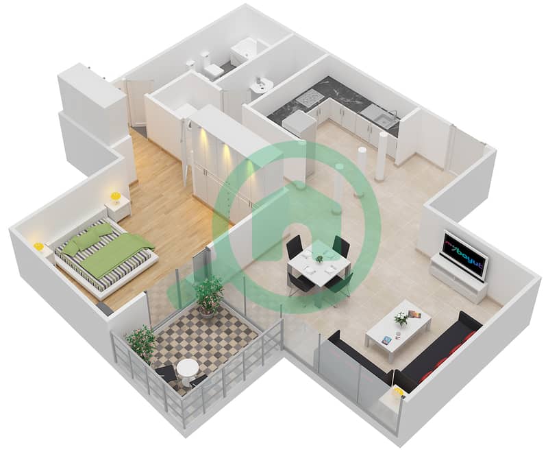 المخططات الطابقية لتصميم النموذج A / FLOOR 1 شقة 1 غرفة نوم - برج أري مارينا فيو interactive3D