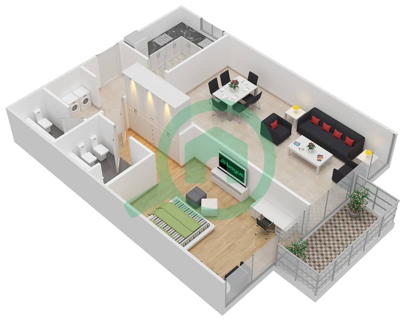 المخططات الطابقية لتصميم النموذج B / FLOOR 1-3 شقة 1 غرفة نوم - برج أري مارينا فيو interactive3D