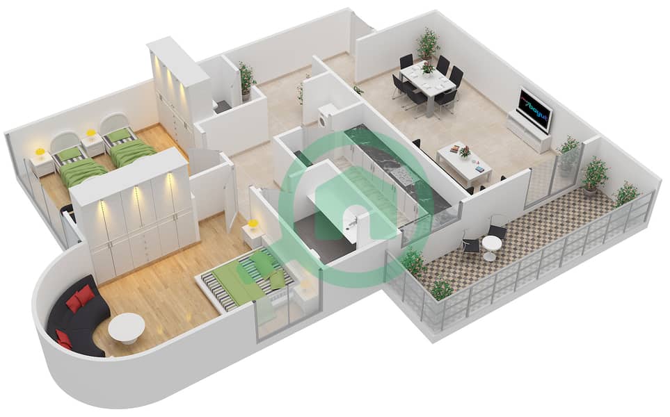 АРУ Марина Вью - Апартамент 2 Cпальни планировка Тип A / FLOOR 1-3 interactive3D