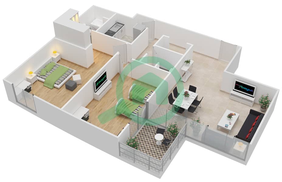 المخططات الطابقية لتصميم النموذج B / FLOOR 1-9 شقة 2 غرفة نوم - برج أري مارينا فيو Floor 1-9 interactive3D