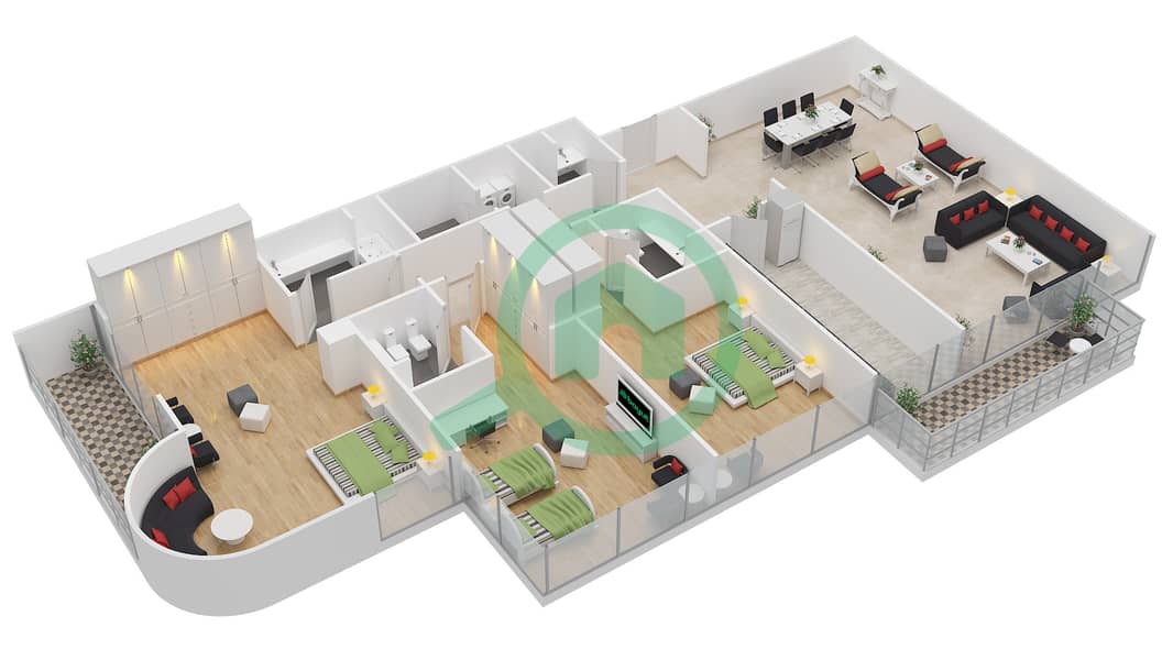 АРУ Марина Вью - Апартамент 3 Cпальни планировка Тип A1 / FLOOR 4-9 Floor 4-9 interactive3D