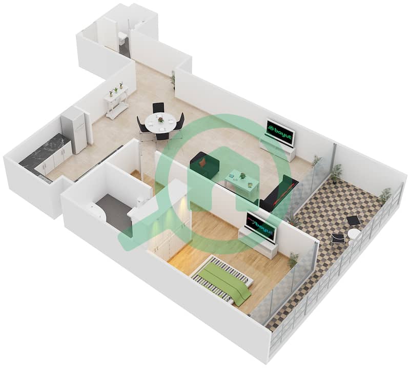 波澜大厦B座 - 1 卧室公寓类型L-1-C戶型图 interactive3D